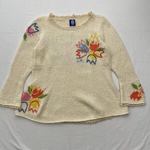 Amano Floral Sweater Cotton Knit Embroidered Crochet Trim Womens S/M Cream Boho